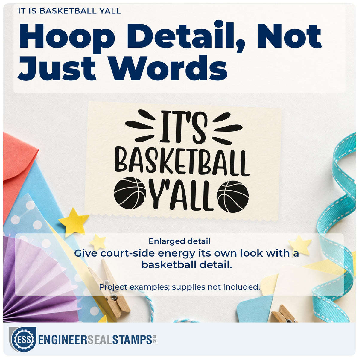 Enlarged detail of the It Is Basketball Yall Self-Inking Stamp imprint. IT'S BASKETBALL Y'ALL appears with radiating accents and two basketballs.