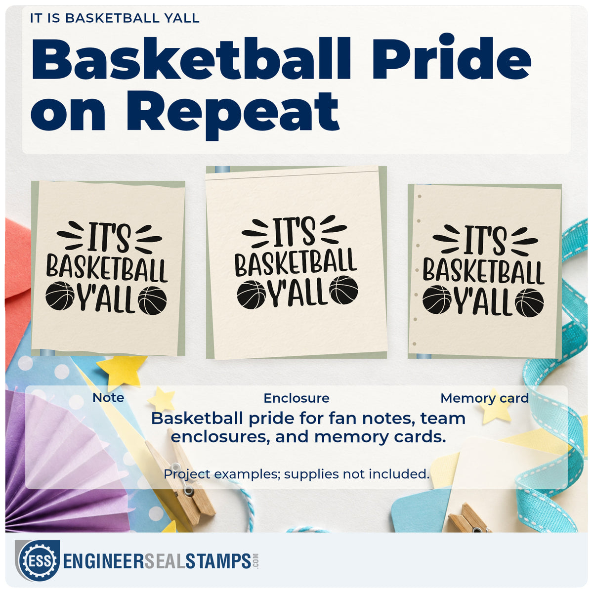 Three project examples made with the It Is Basketball Yall Self-Inking Stamp, including season plan sheet.
