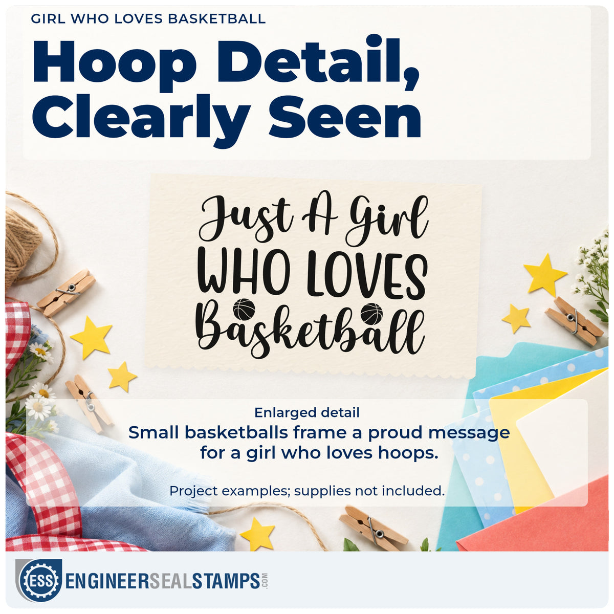 Enlarged detail of the Girl Who Loves Basketball Stamp – Slim Pre-Inked imprint. Just A Girl WHO LOVES Basketball appears with small basketballs.