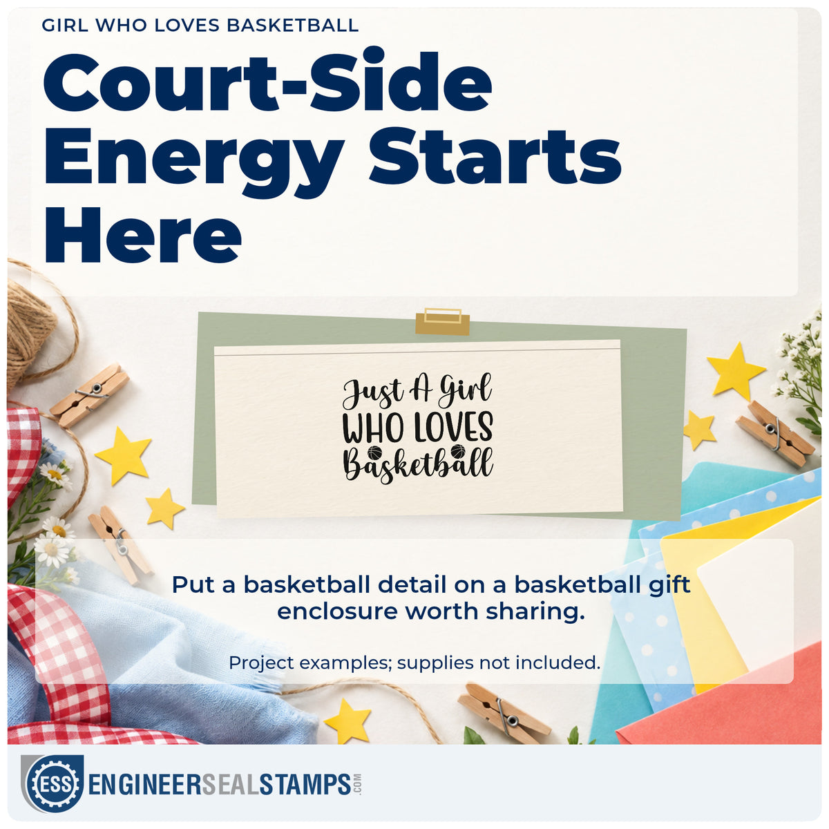 A finished handmade project stamped with the Girl Who Loves Basketball PSI Pre-Inked Stamp, ideal for tryout album page.