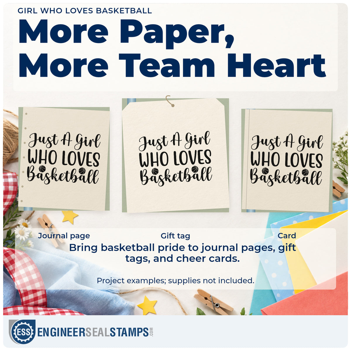 Three project examples made with the Girl Who Loves Basketball Hand Stamp – Duo, including workout log sheet.