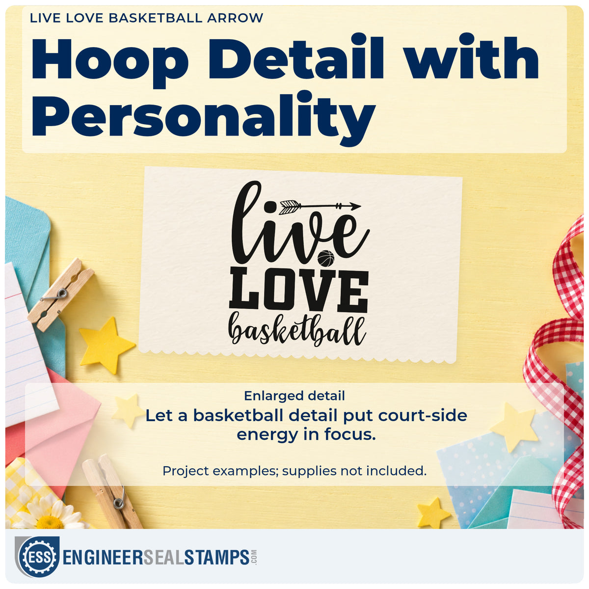 Enlarged detail of the Live Love Basketball Arrow Premium Wooden Stamp – Vintage Pro imprint. live LOVE basketball appears with an arrow and small basketball.