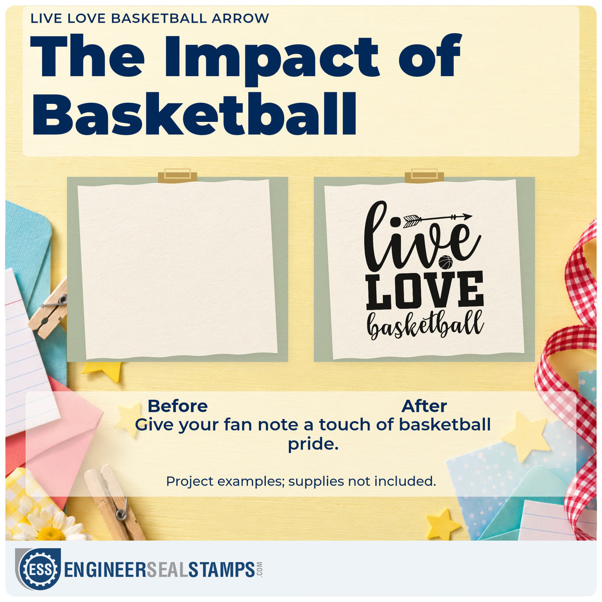 Before and after of a plain item finished with the Live Love Basketball Arrow Premium Wooden Stamp – Vintage Pro, a quick upgrade for framed locker row.
