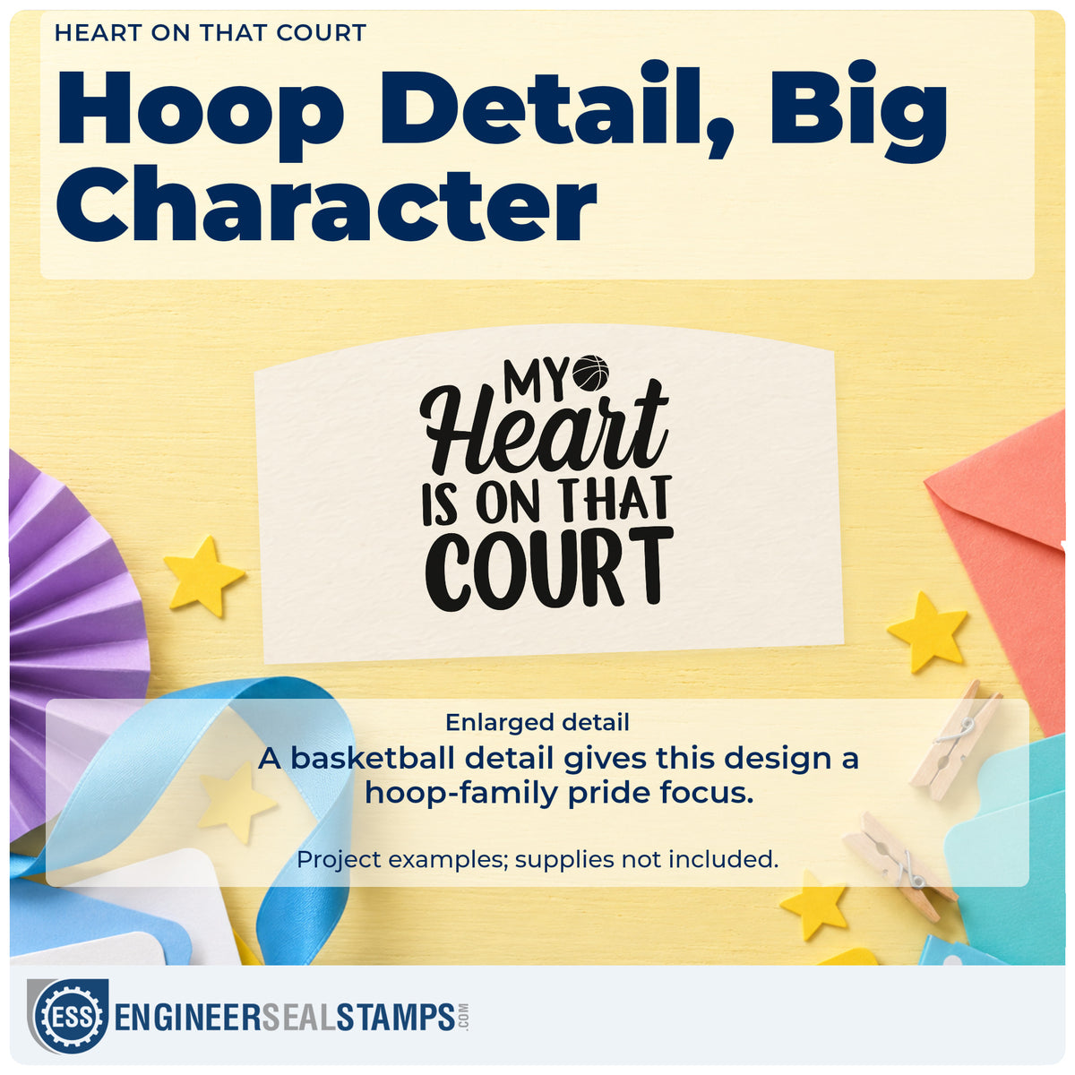 Enlarged detail of the My Heart Is On That Court Rubber Stamp – Duo Hand imprint. MY Heart IS ON THAT COURT appears with a small basketball.