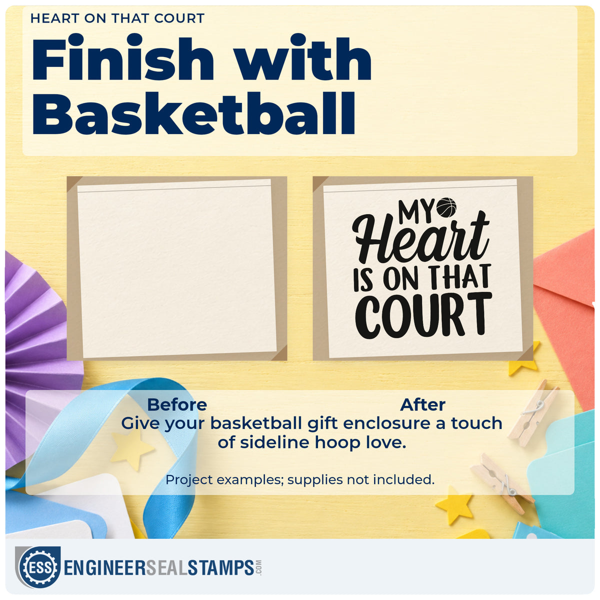 Before and after of a plain item finished with the My Heart Is On That Court Pre-Inked Stamp – PSI, a quick upgrade for framed living corner.