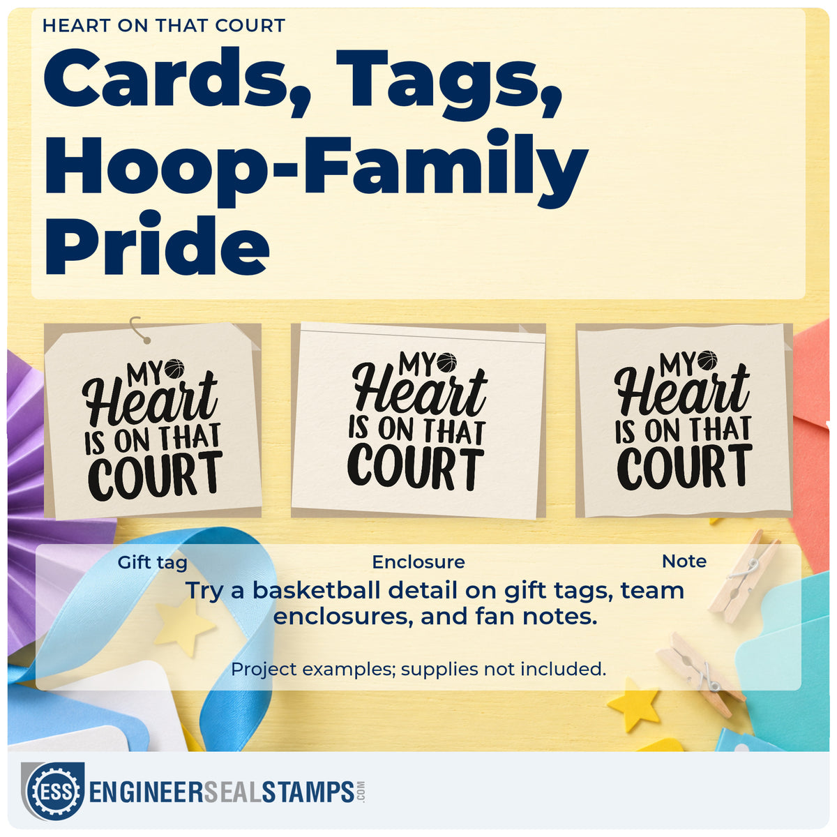 Three project examples made with the My Heart Is On That Court Wood Handle Stamp, including away game sheet.
