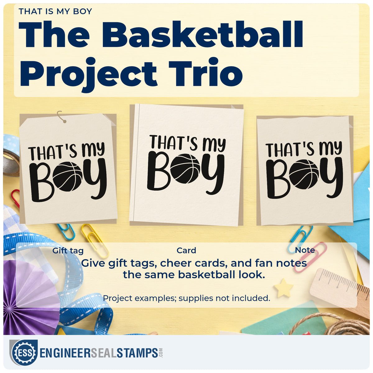 Three project examples made with the That's My Boy Stamp – Duo Hand, including layout plan sheet.