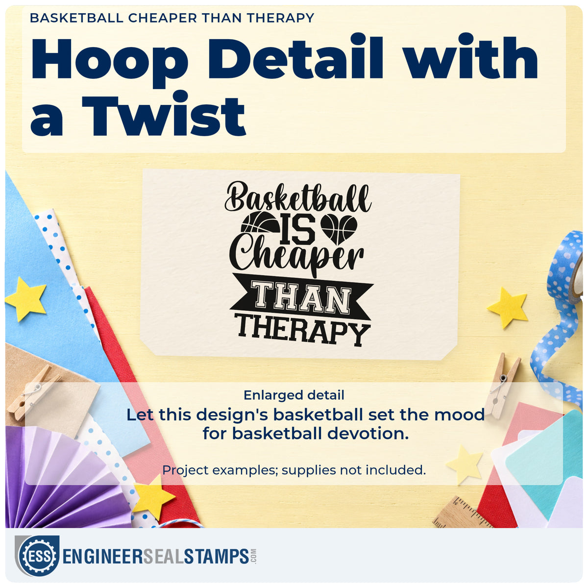 Enlarged detail of the Duo Hand Basketball Is Cheaper Than Therapy Rubber Stamp imprint. Basketball IS Cheaper THAN THERAPY appears with basketball shapes, a heart, and a ribbon.