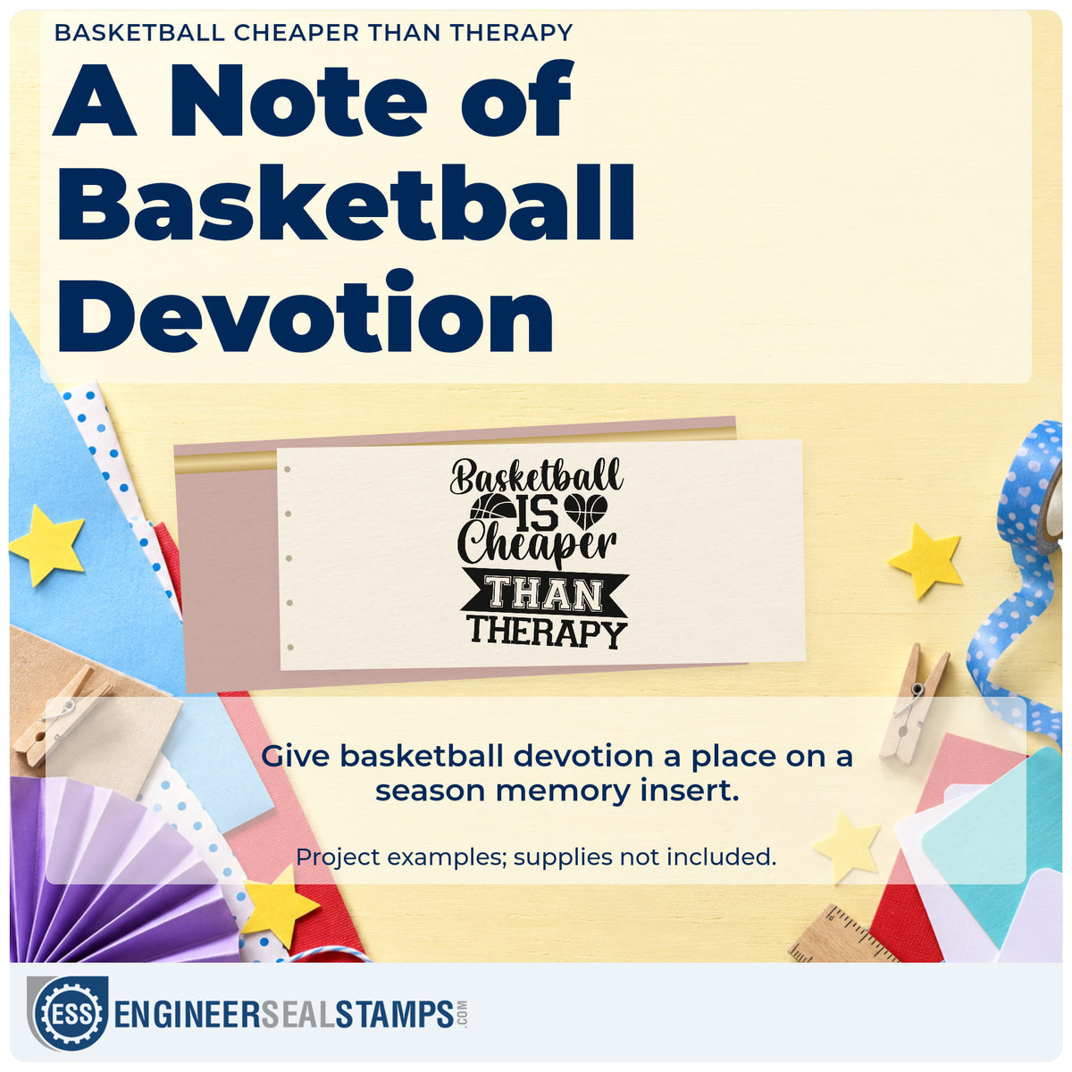 A finished handmade project stamped with the Duo Hand Basketball Is Cheaper Than Therapy Rubber Stamp, ideal for adult league album page.