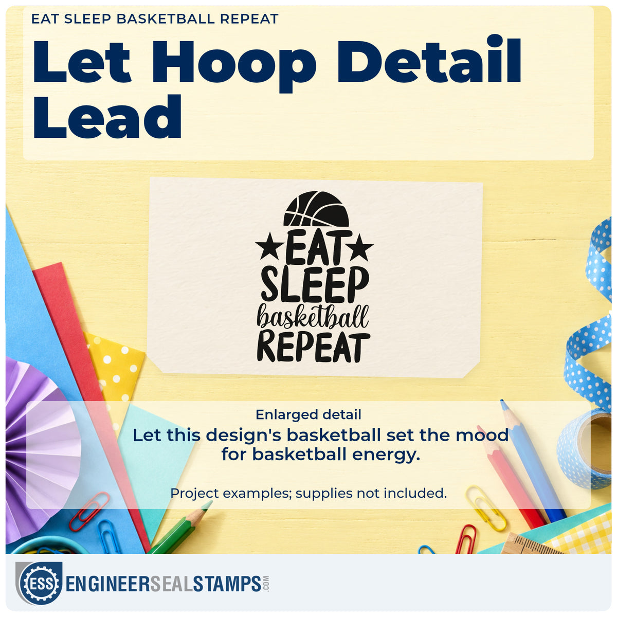 Enlarged detail of the Eat Sleep Basketball Repeat With Stars Rubber Stamp – Duo Hand imprint. EAT SLEEP basketball REPEAT appears below a half basketball with stars.