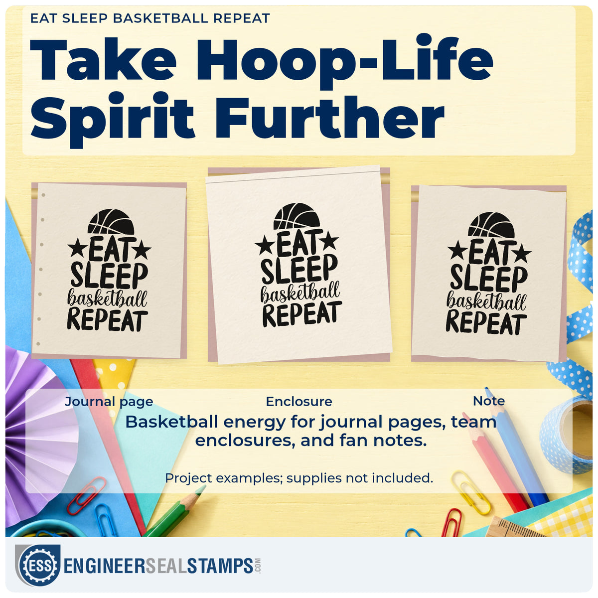 Three project examples made with the Eat Sleep Basketball Repeat With Stars Slim Pre-Inked Stamp, including daily rhythm sheet.