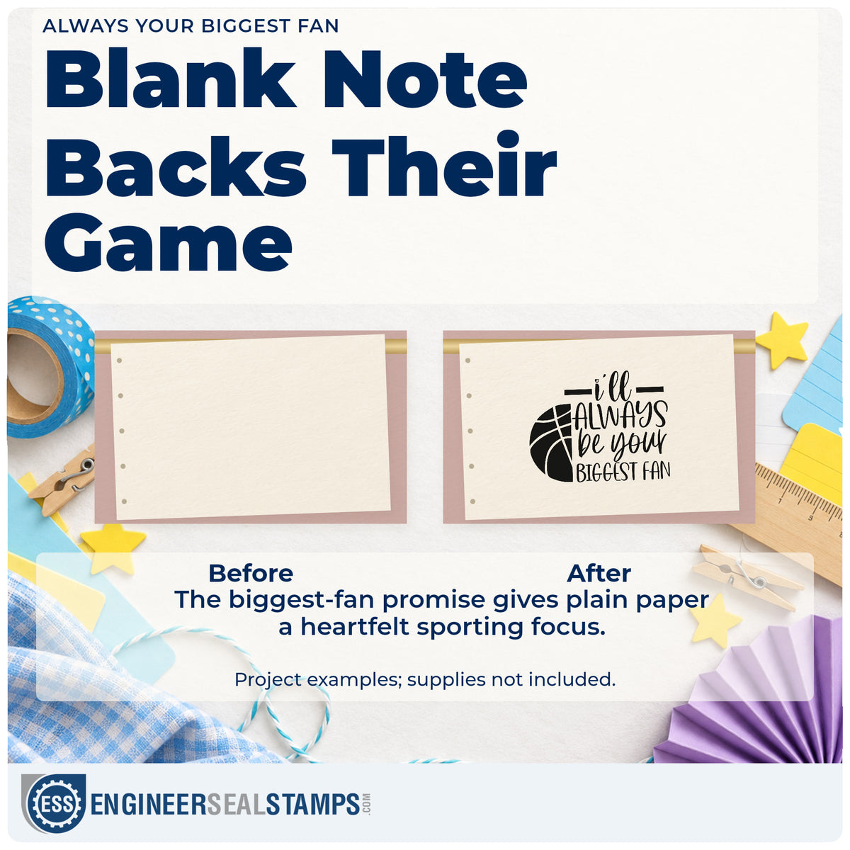 Before and after of a plain item finished with the I'll Always Be Your Biggest Fan Basketball Rubber Stamp – Wood Handle, a quick upgrade for framed family shelf.