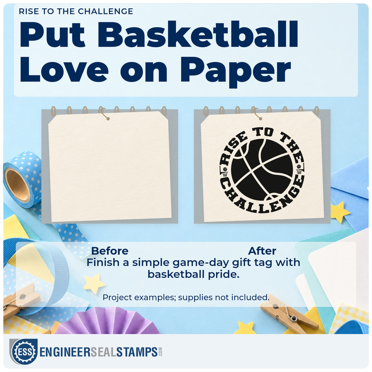 Before and after of a plain item finished with the Rise To The Challenge Basketball Compact Pre-Inked Stamp – Slim, a quick upgrade for framed track fence.