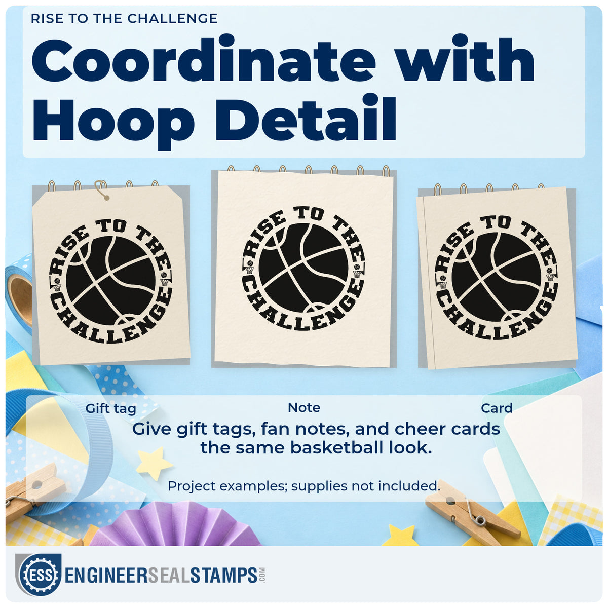 Three project examples made with the Rise To The Challenge Basketball Stamp – Wood Handle, including test result sheet.