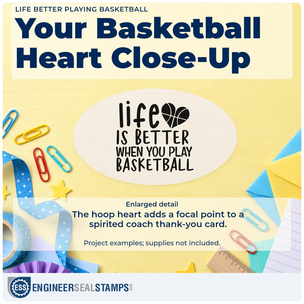Enlarged detail of the Life Better Playing Basketball Premium Wood-Mounted Stamp – Vintage Pro imprint. life IS BETTER WHEN YOU PLAY BASKETBALL appears beside a basketball-pattern heart.