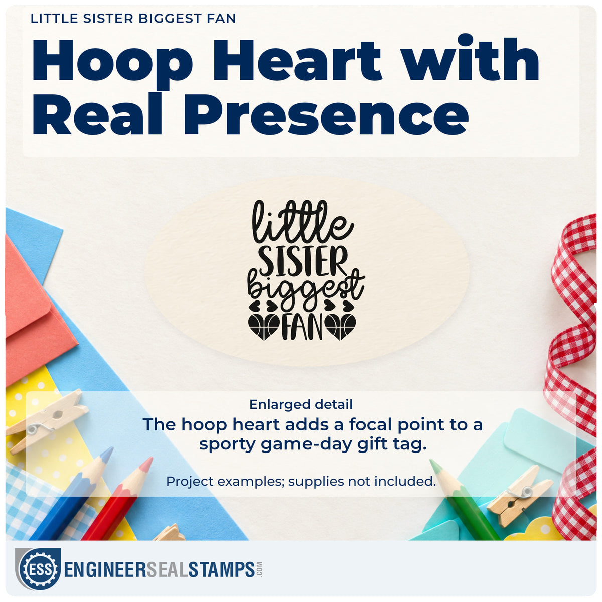 Enlarged detail of the Little Sister Biggest Fan Basketball Motif Self-Inking Craft Stamp imprint. little SISTER biggest FAN appears with small hearts and two basketball-pattern hearts.
