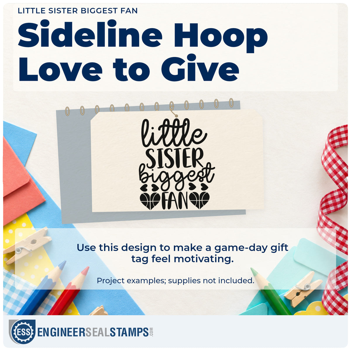 A finished handmade project stamped with the Little Sister Biggest Fan Basketball Motif Self-Inking Craft Stamp, ideal for birthday game album page.