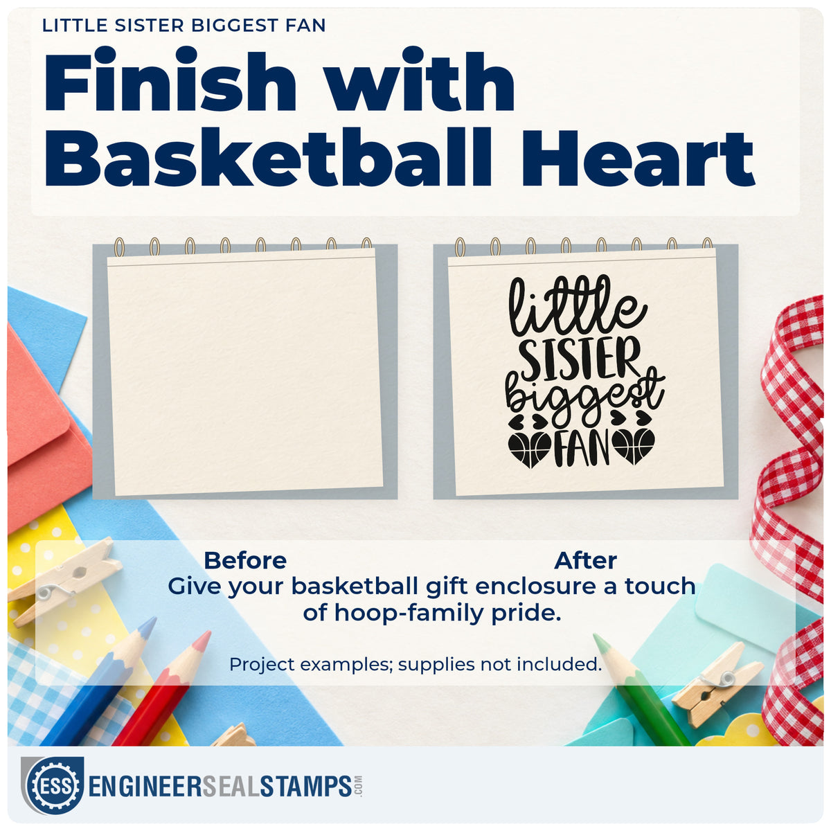 Before and after of a plain item finished with the Slim Pre-Inked Little Sister Biggest Fan Basketball Motif Stamp, a quick upgrade for framed bedroom corner.