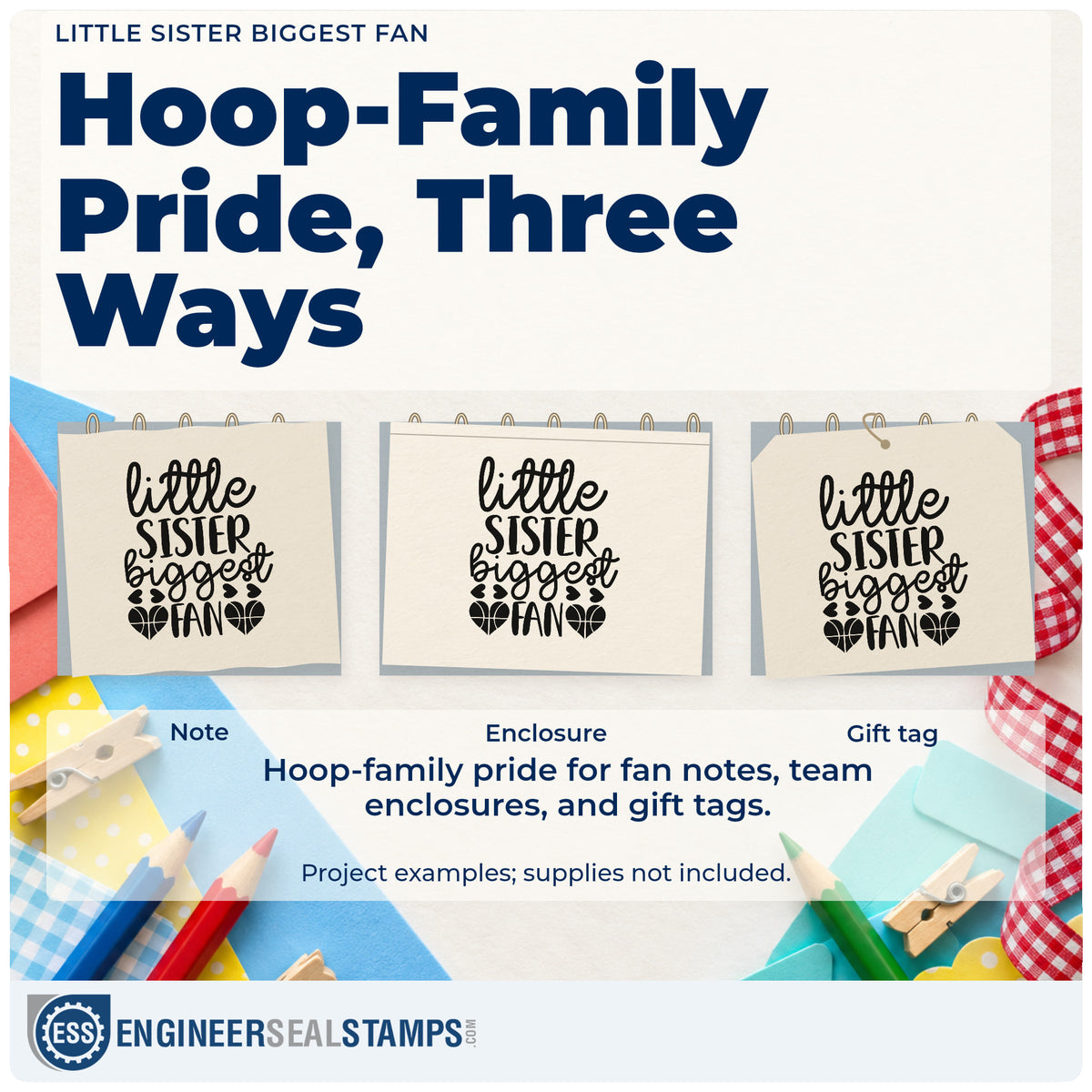 Three project examples made with the Little Sister Biggest Fan Basketball Motif Self-Inking Craft Stamp, including group ticket sheet.