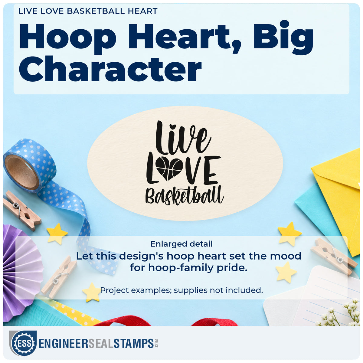 Enlarged detail of the Live Love Basketball Heart Pre-Inked Stamp – Slim imprint. Live LOVE Basketball uses a basketball-pattern heart in place of the O.