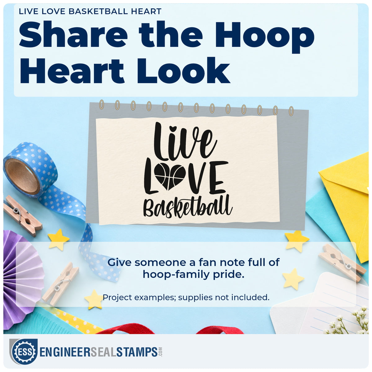 A finished handmade project stamped with the Live Love Basketball Heart PSI Pre-Inked Stamp, ideal for party album page.