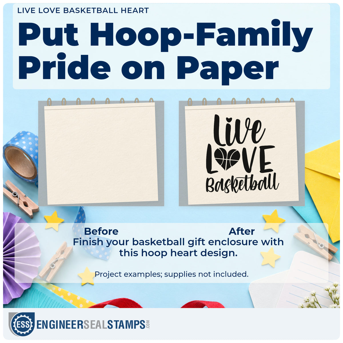 Before and after of a plain item finished with the Live Love Basketball Heart Pre-Inked Stamp – Slim, a quick upgrade for framed driveway post.