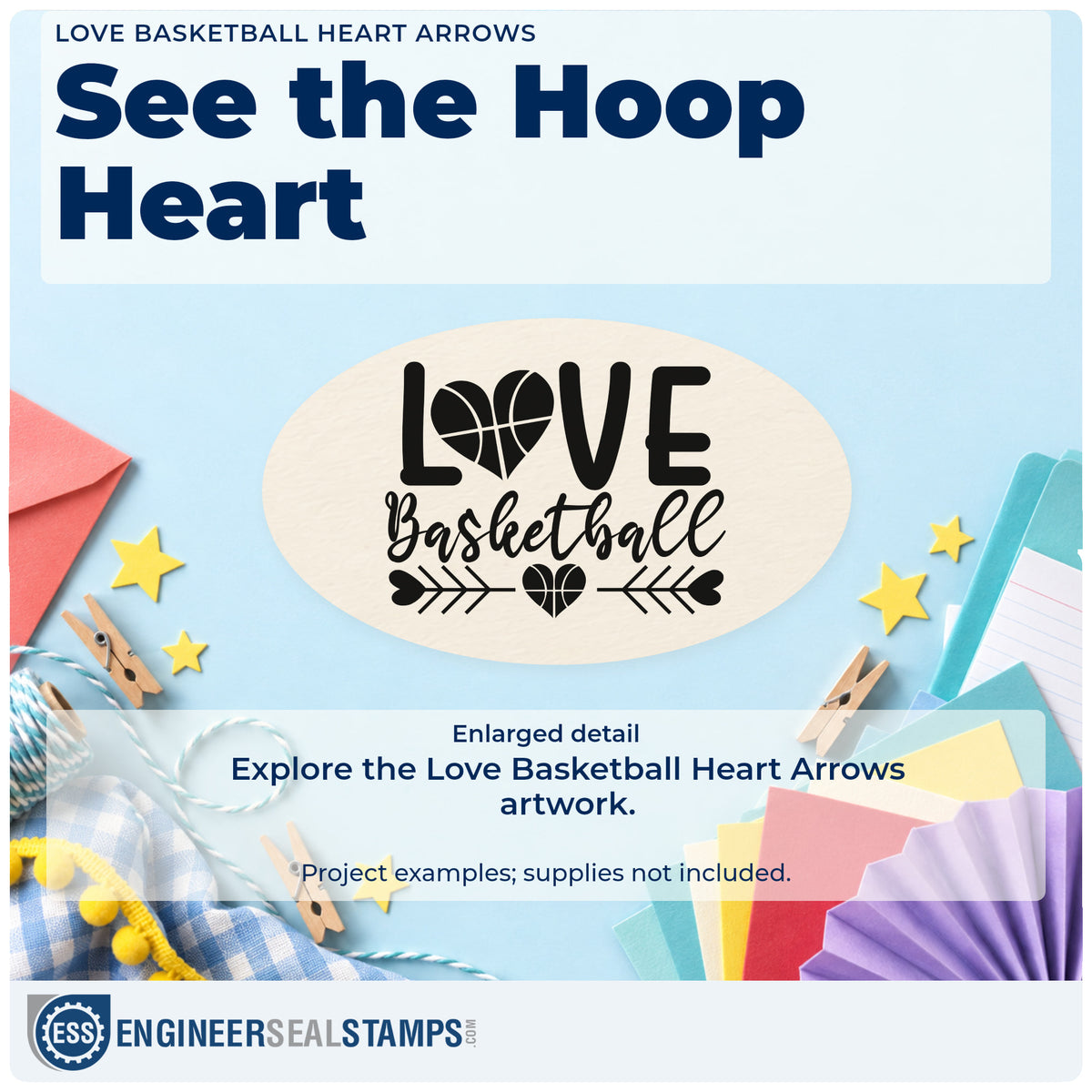 Enlarged detail of the Love Basketball Heart Arrows Rubber Stamp – Wood Handle imprint. LOVE Basketball appears with a heart-shaped O and inward-pointing arrows surrounding another basketball-pattern heart.