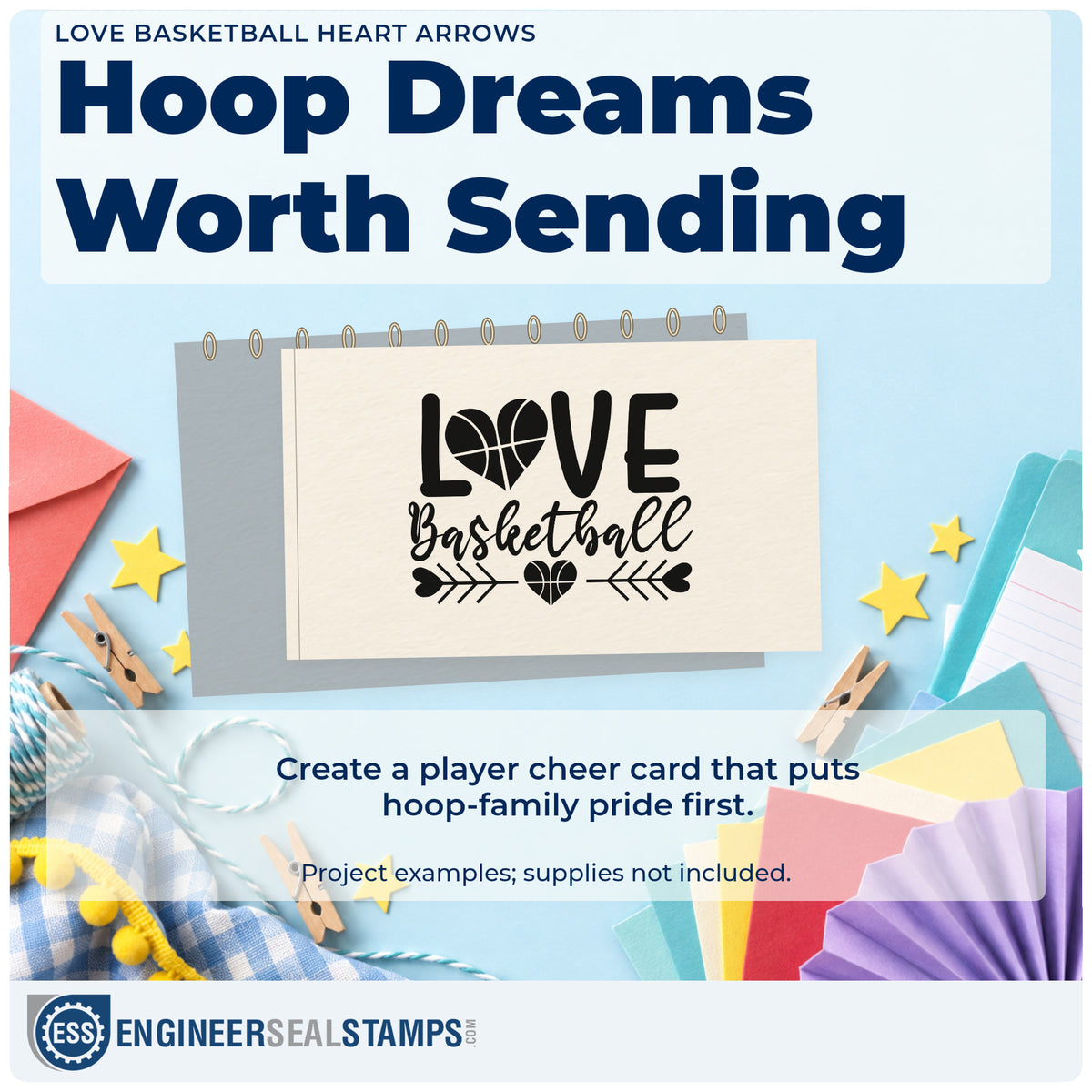 A finished handmade project stamped with the Love Basketball Heart Arrows Pre-Inked Stamp – PSI, ideal for exchange album page.
