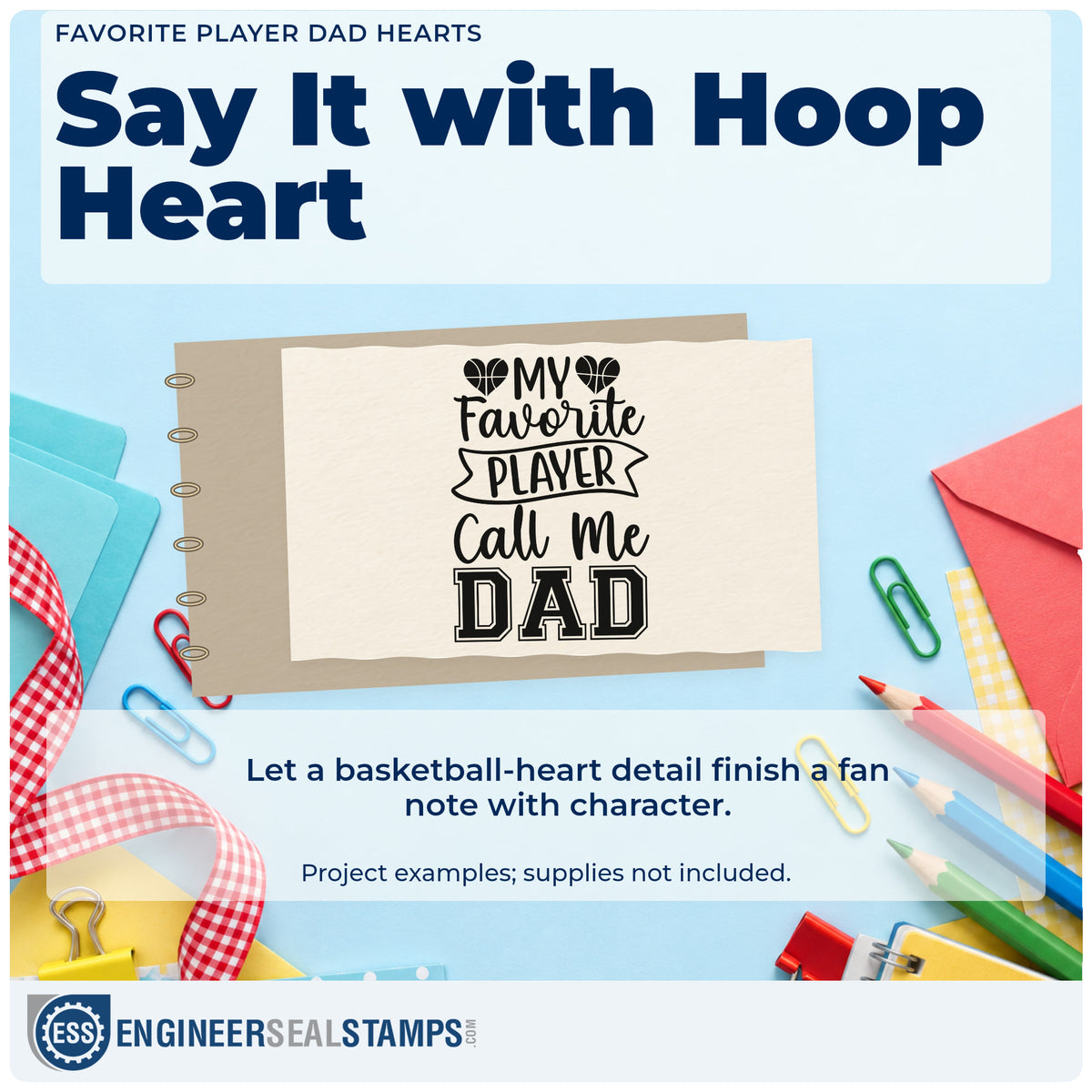 A finished handmade project stamped with the Dad Ribbon With Basketball Hearts Stamp – PSI Pre-Inked, ideal for desk year album page.