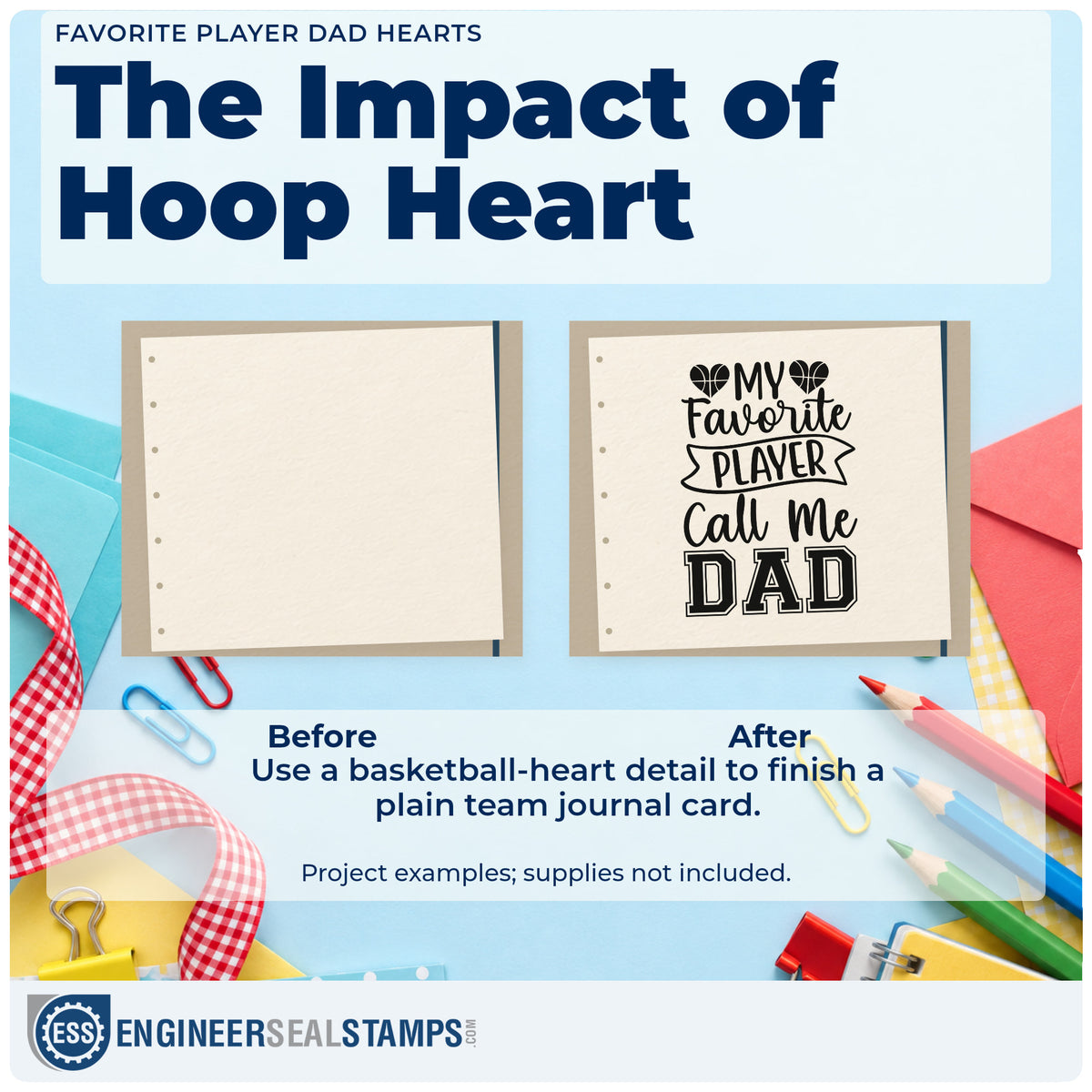 Before and after of a plain item finished with the Dad Ribbon With Basketball Hearts Wood Handle Stamp, a quick upgrade for framed office shelf.