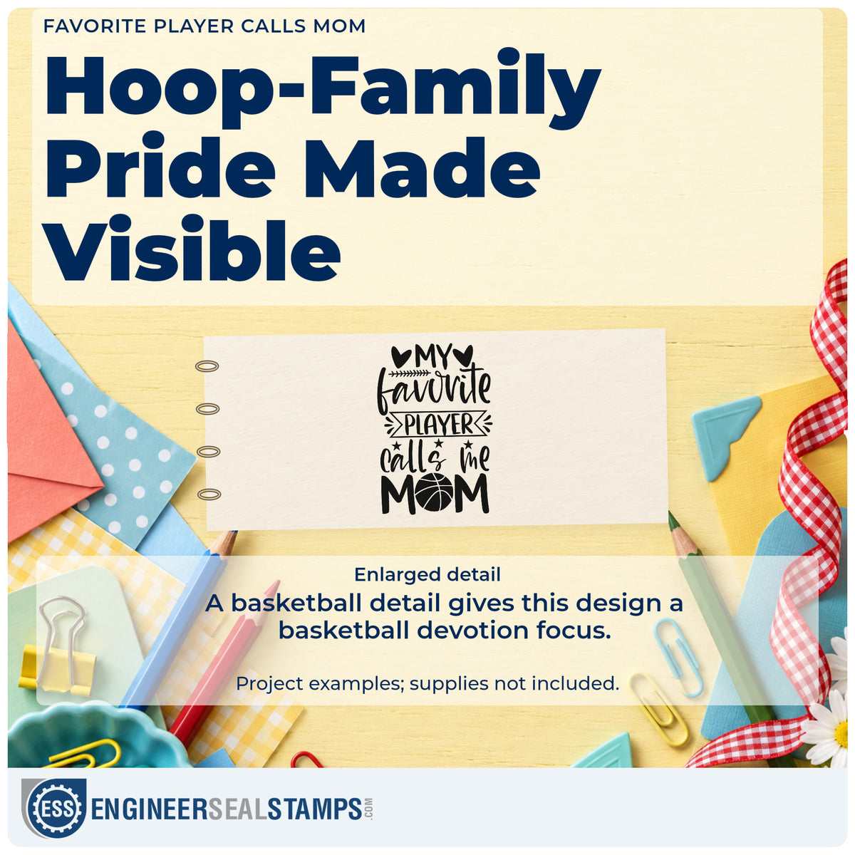Enlarged detail of the Favorite Player Calls Mom Premium Wooden Stamp – Vintage Pro imprint. MY favorite PLAYER calls me MOM appears with hearts, stars, a ribbon, and a basketball O.