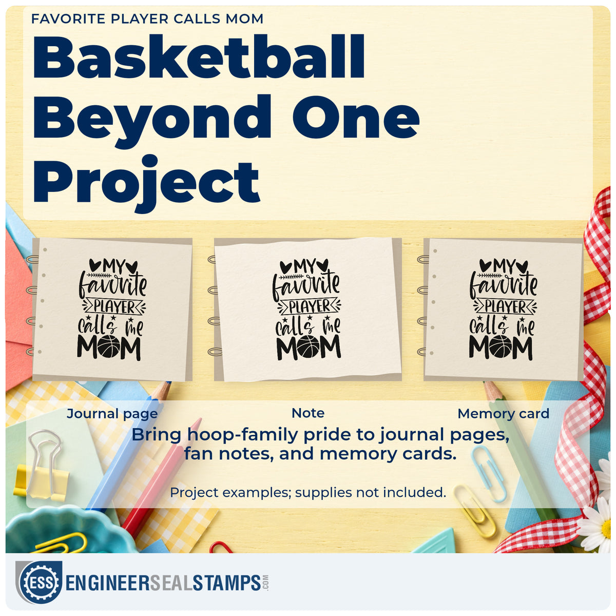 Three project examples made with the Favorite Player Calls Mom PSI Pre-Inked Stamp, including wall layout sheet.