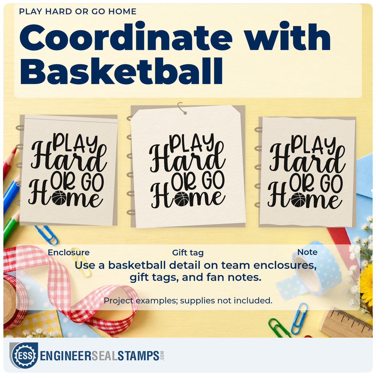 Three project examples made with the Basketball Lettering Play Hard Or Go Home Rubber Stamp – Wood Handle, including bracket draw sheet.