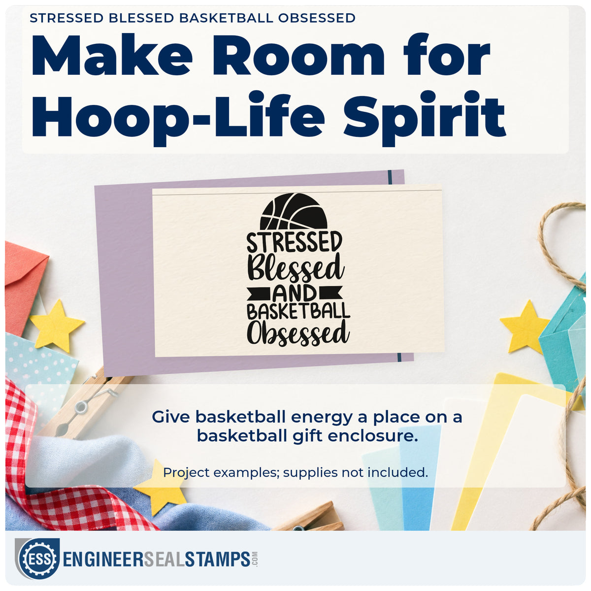 A finished handmade project stamped with the Stressed Blessed Basketball Obsessed Hand Stamp – Duo, ideal for manager album page.