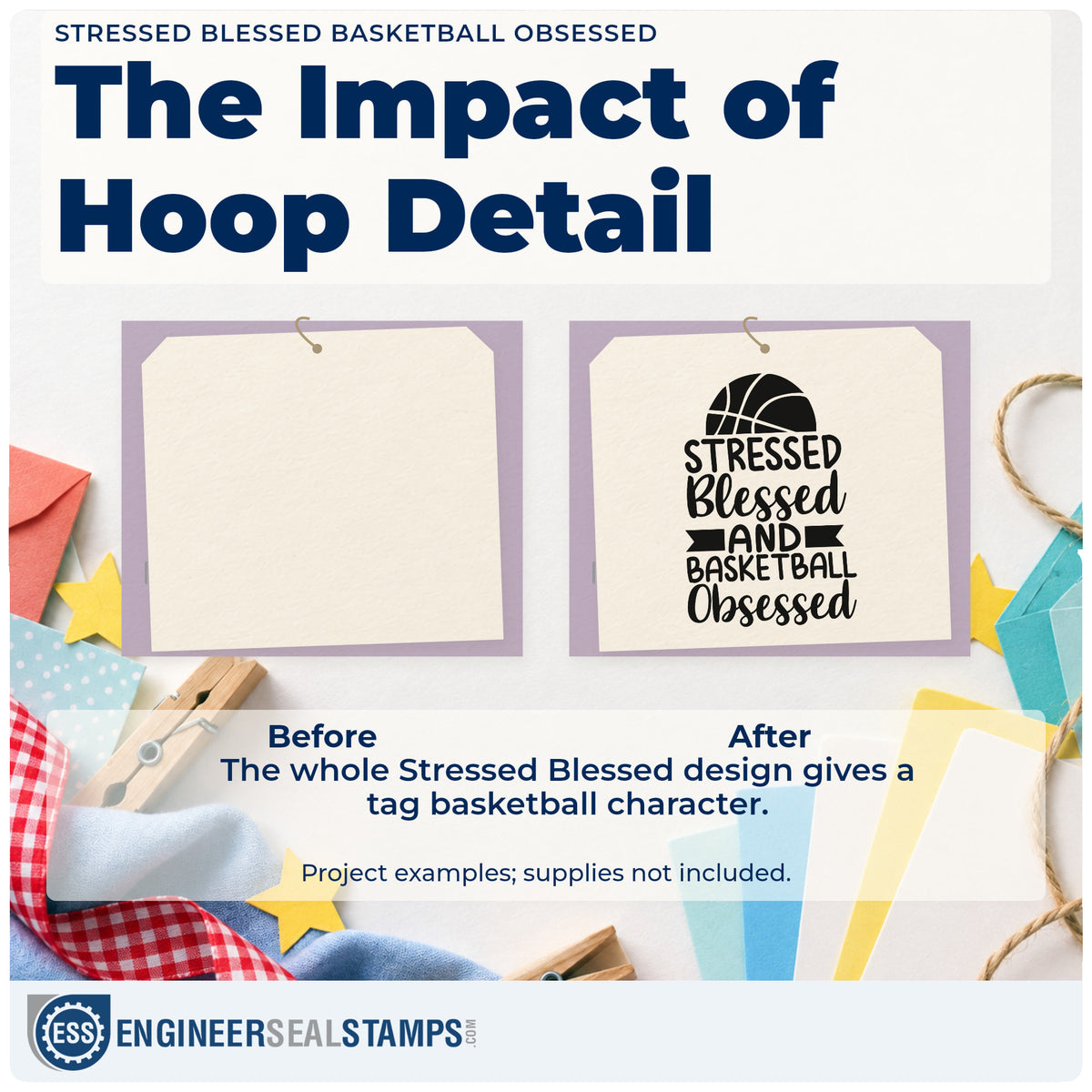 Before and after of a plain item finished with the Stressed Blessed Basketball Obsessed Stamp – Premium Vintage Pro Wooden, a quick upgrade for framed equipment room.