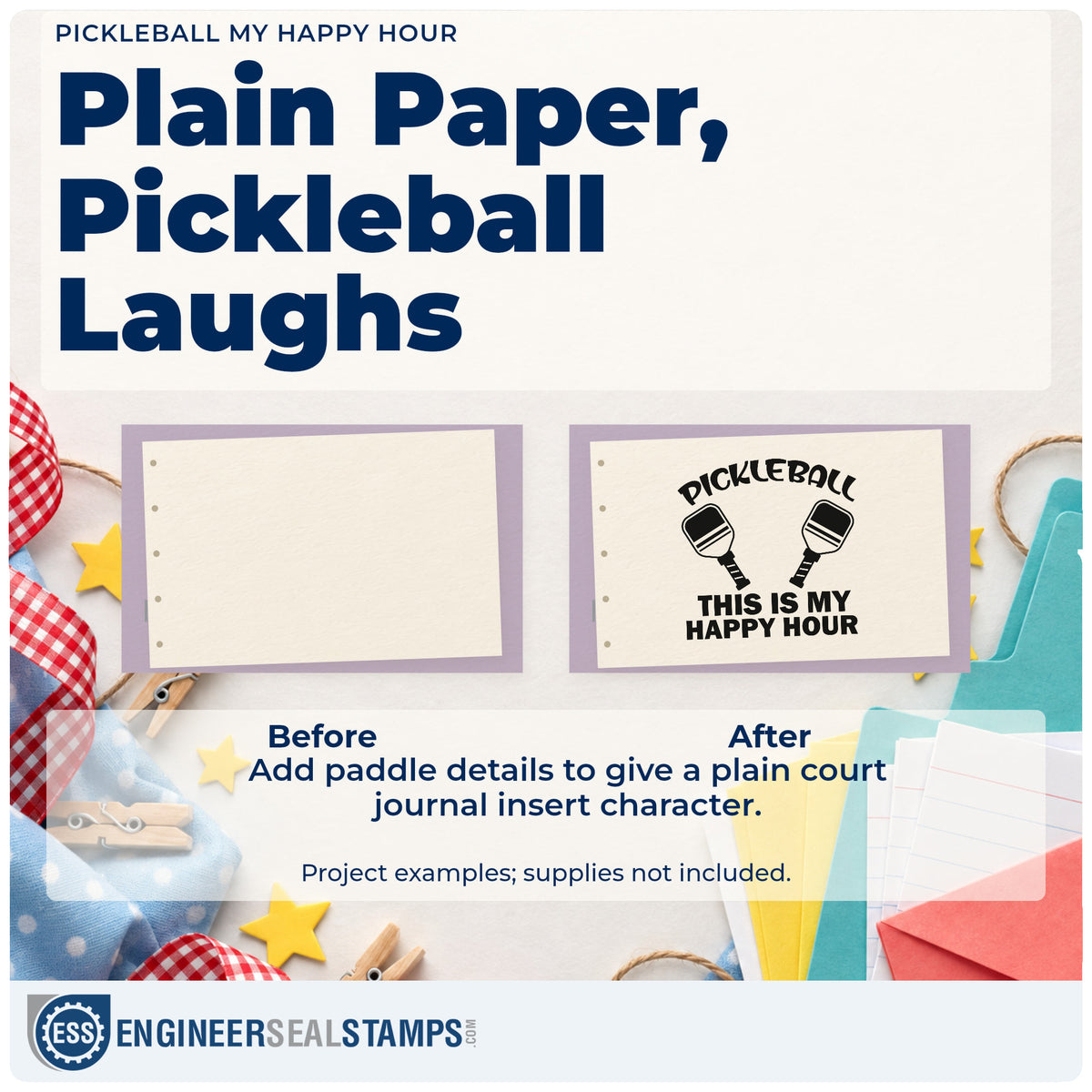 Before and after of a plain item finished with the Pickleball This Is My Happy Hour Pre-Inked Stamp – PSI, a quick upgrade for framed court fence.