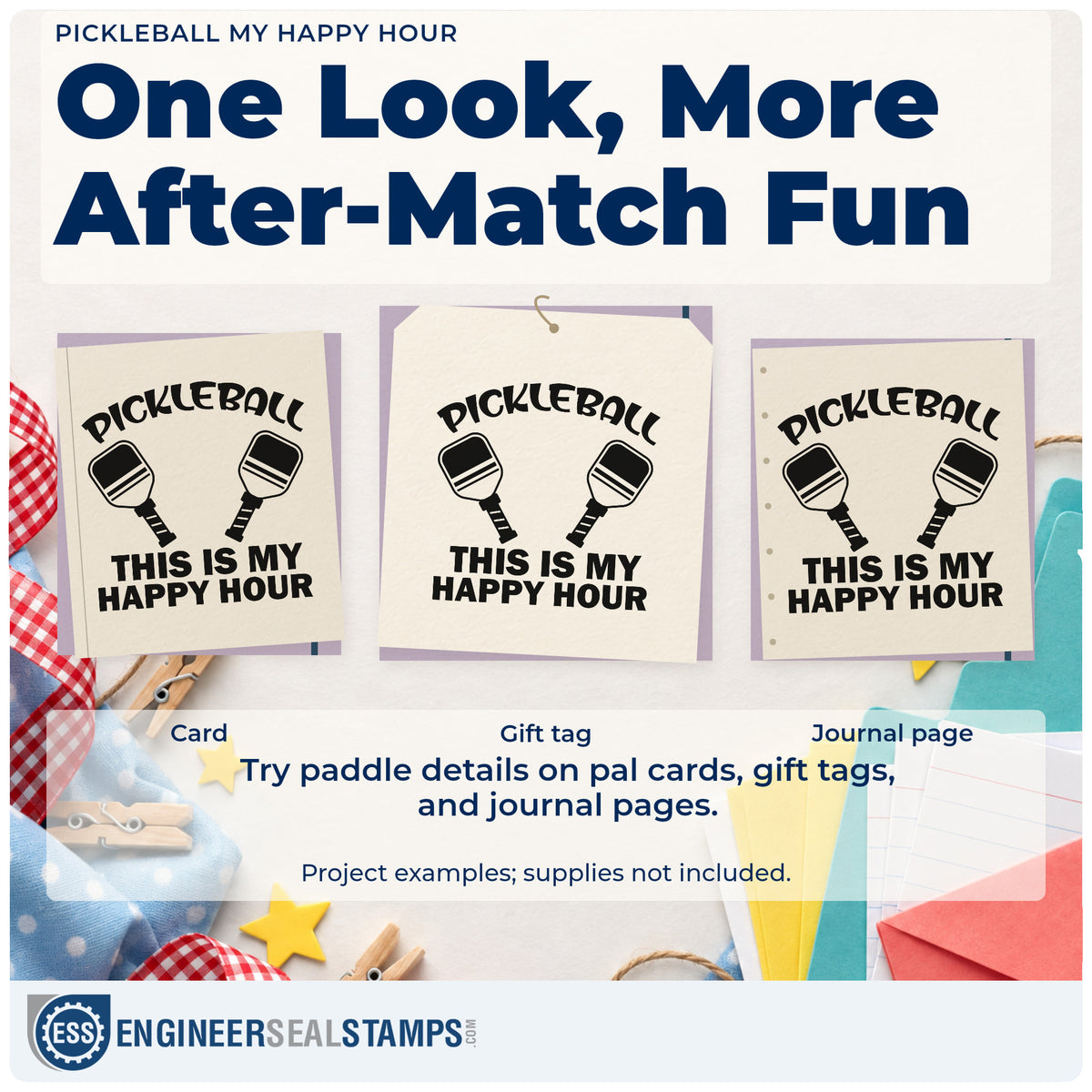 Three project examples made with the Pickleball This Is My Happy Hour Stamp – Duo Hand, including roster signup sheet.
