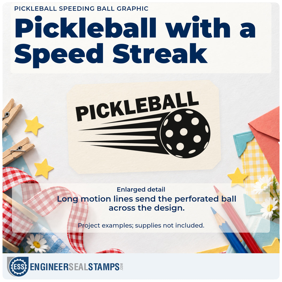 Enlarged detail of the Pickleball Ball In Motion Premium Wooden Stamp – Vintage Pro imprint. PICKLEBALL appears above a perforated ball with long speed lines.