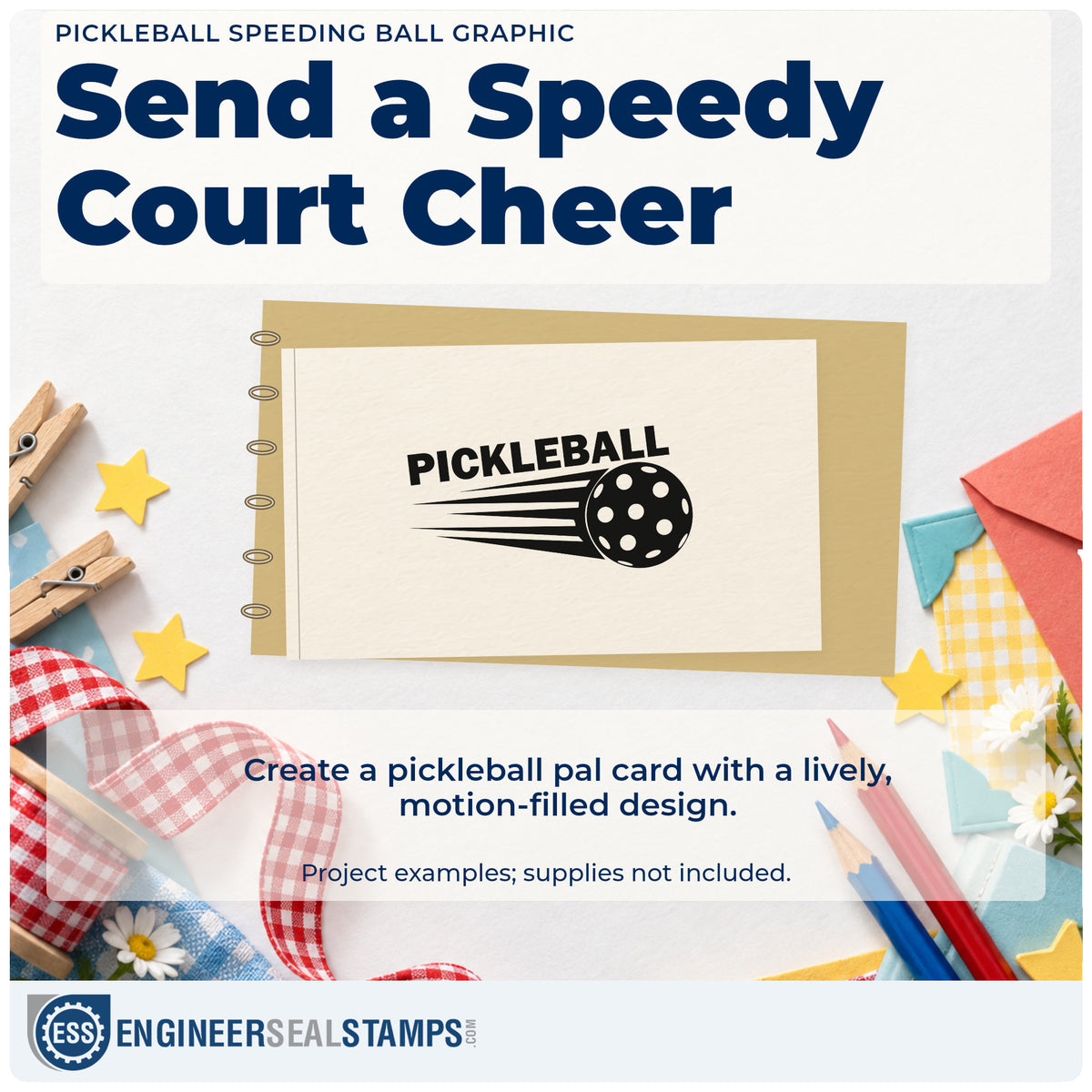 A finished handmade project stamped with the Pickleball Ball In Motion Premium Wooden Stamp – Vintage Pro, ideal for clinic album page.