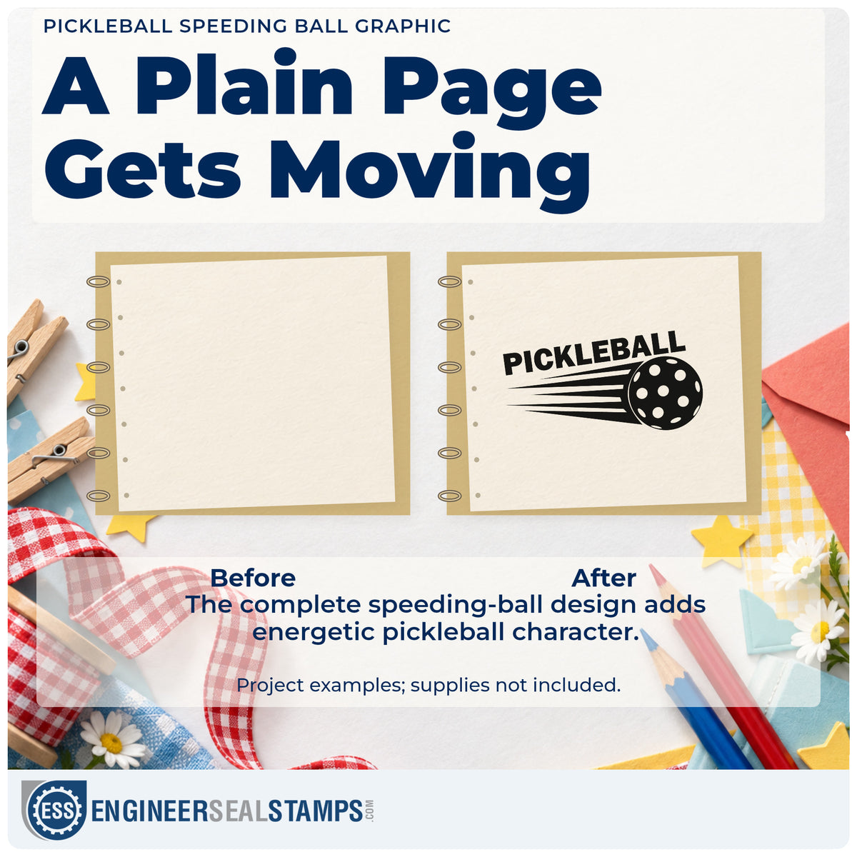 Before and after of a plain item finished with the Pickleball Ball In Motion Premium Wooden Stamp – Vintage Pro, a quick upgrade for framed court gate.