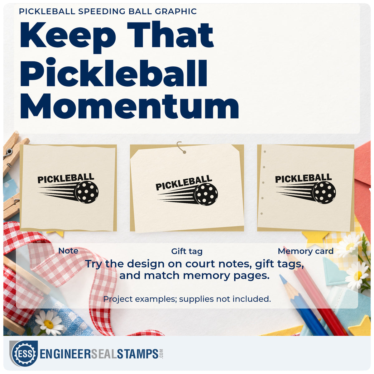 Three project examples made with the Pickleball Ball In Motion Premium Wooden Stamp – Vintage Pro, including skill step sheet.