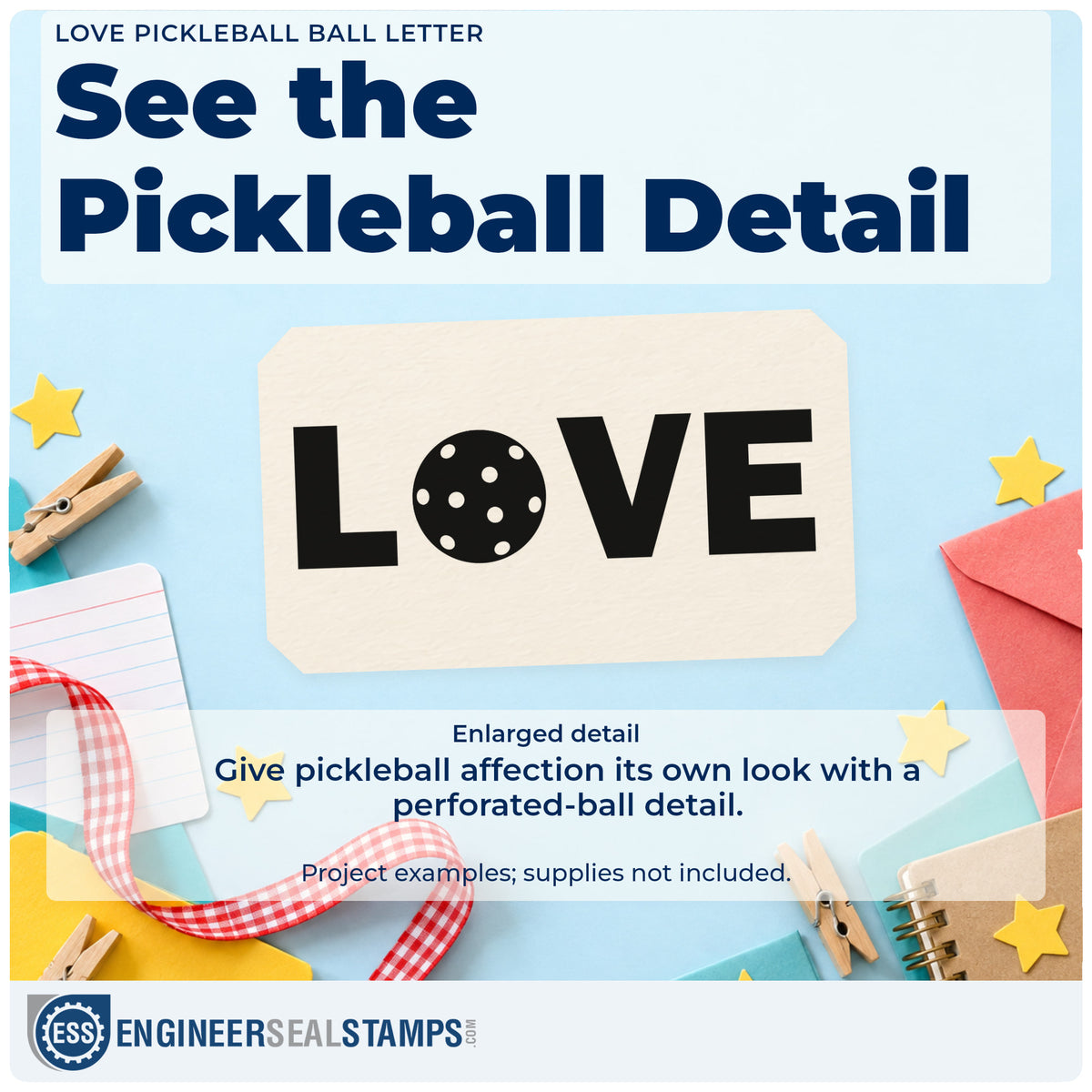 Enlarged detail of the Premium Wooden Love Pickleball Ball Letter Stamp – Vintage Pro imprint. LOVE uses a perforated pickleball in place of the O.