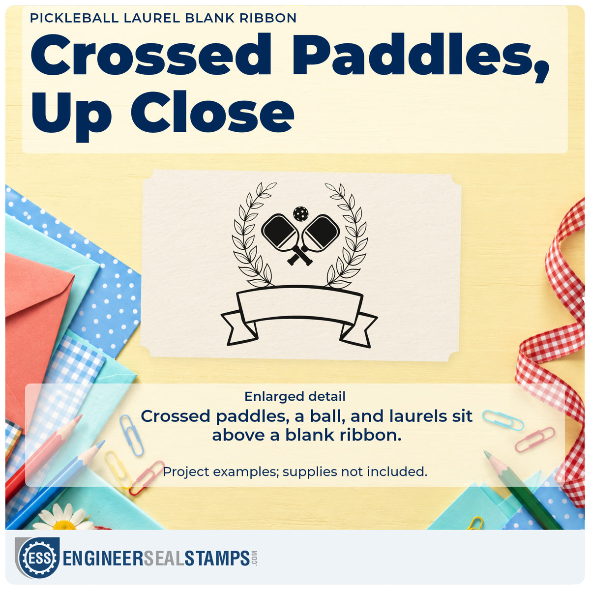 Enlarged detail of the Crossed Paddles With Laurels And Blank Ribbon Rubber Stamp – Duo Hand imprint. Crossed paddles and a ball sit inside leafy laurels above a blank ribbon.