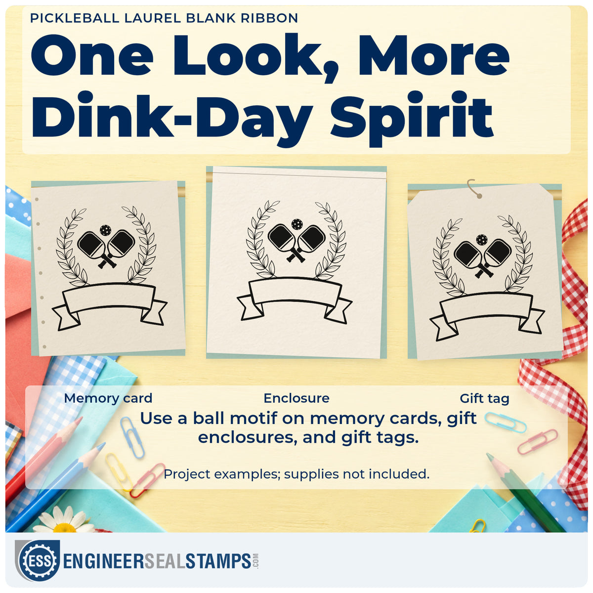 Three project examples made with the Crossed Paddles With Laurels And Blank Ribbon Compact Pre-Inked Stamp – Slim, including final draw sheet.