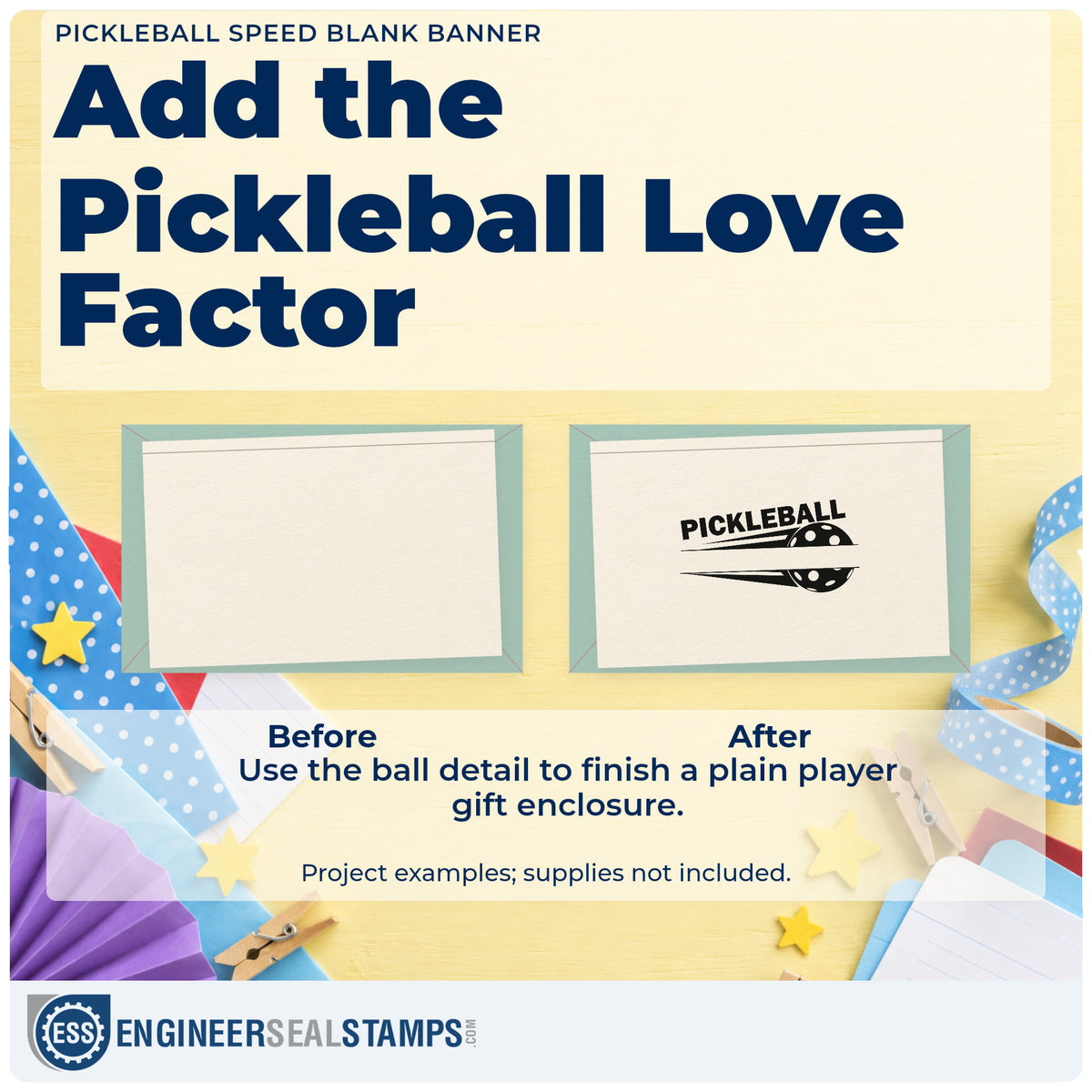 Before and after of a plain item finished with the Pickleball Motion Ball And Blank Band Duo Hand Stamp, a quick upgrade for framed park office.