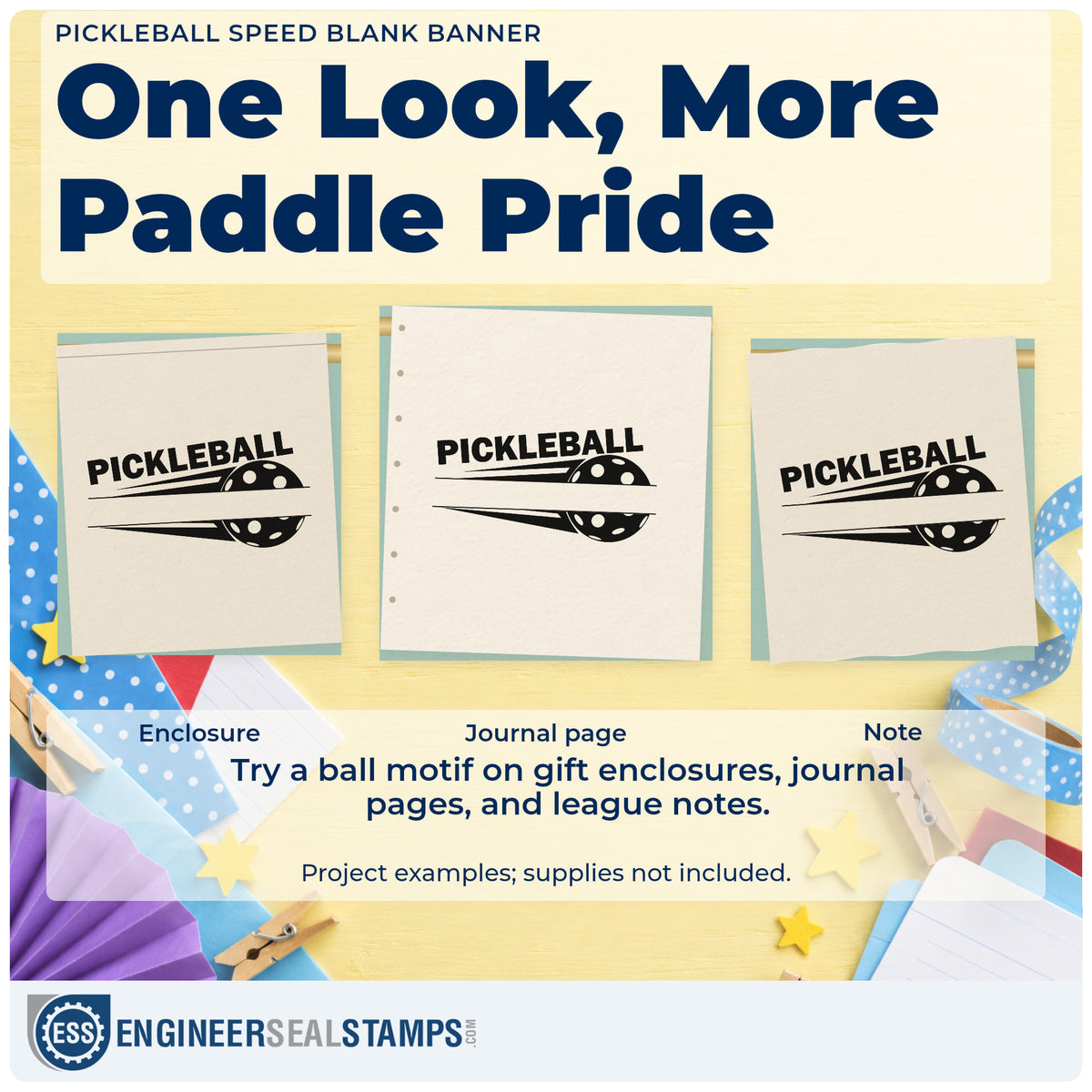 Three project examples made with the Pickleball Motion Ball And Blank Band Duo Hand Stamp, including pledge track sheet.