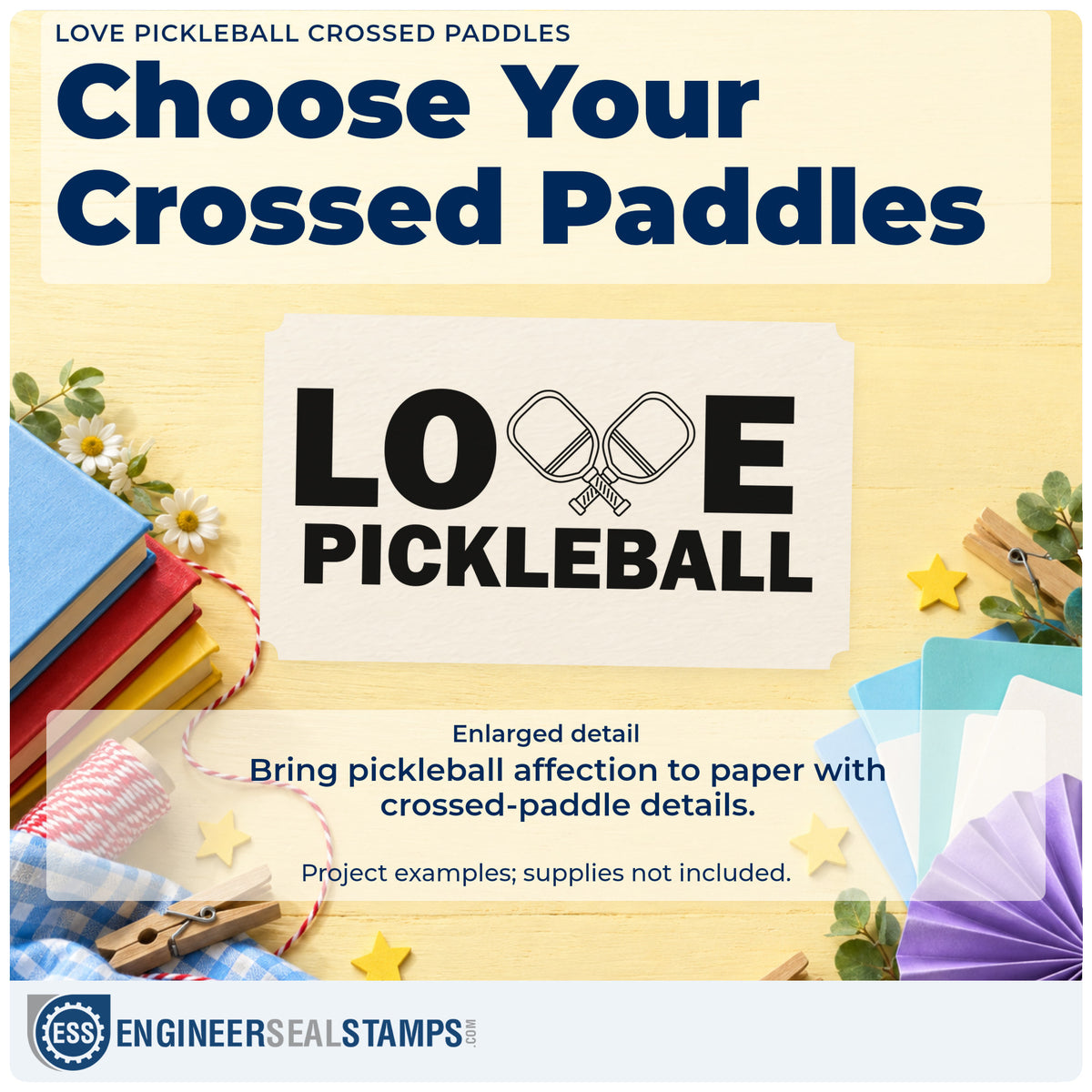 Enlarged detail of the Love Pickleball Crossed Paddles Hand Stamp – Duo imprint. LOVE PICKLEBALL uses crossed paddles in place of the V.