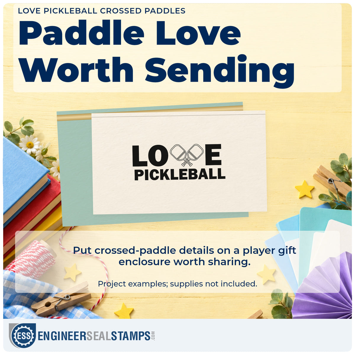 A finished handmade project stamped with the Love Pickleball Crossed Paddles Stamp – Premium Vintage Pro Wooden, ideal for pro shop album page.