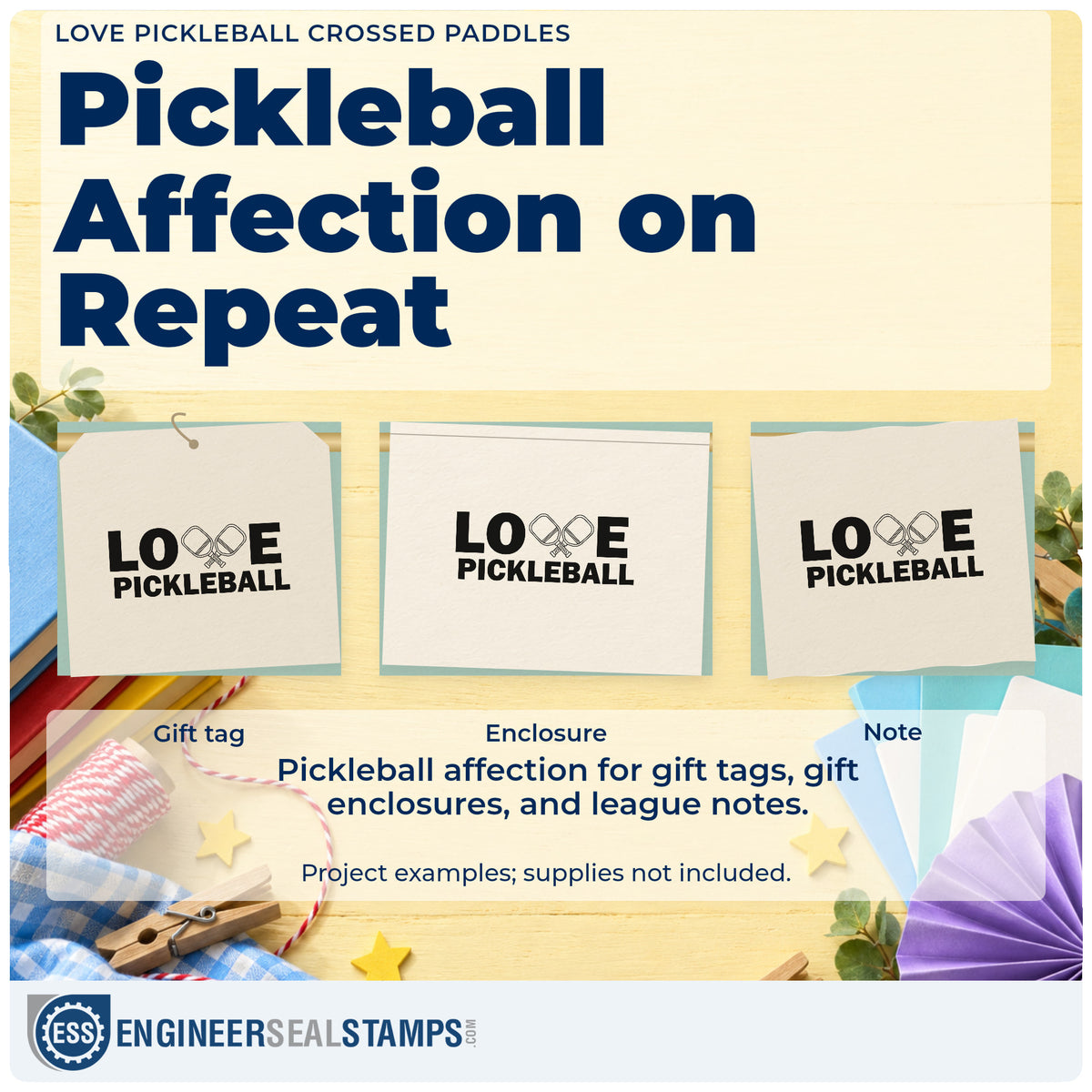 Three project examples made with the Love Pickleball Crossed Paddles Hand Stamp – Duo, including stock order sheet.