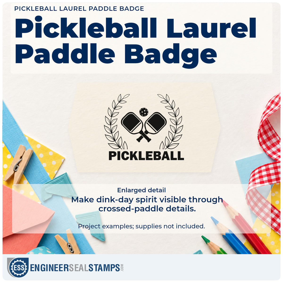 Enlarged detail of the Pickleball Laurel Paddle Badge Rubber Stamp – Duo Hand imprint. Crossed paddles and a ball sit within leafy laurels above PICKLEBALL.
